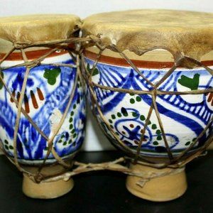 Vintage Morocco Double Ceramic Bongo Drum Blue